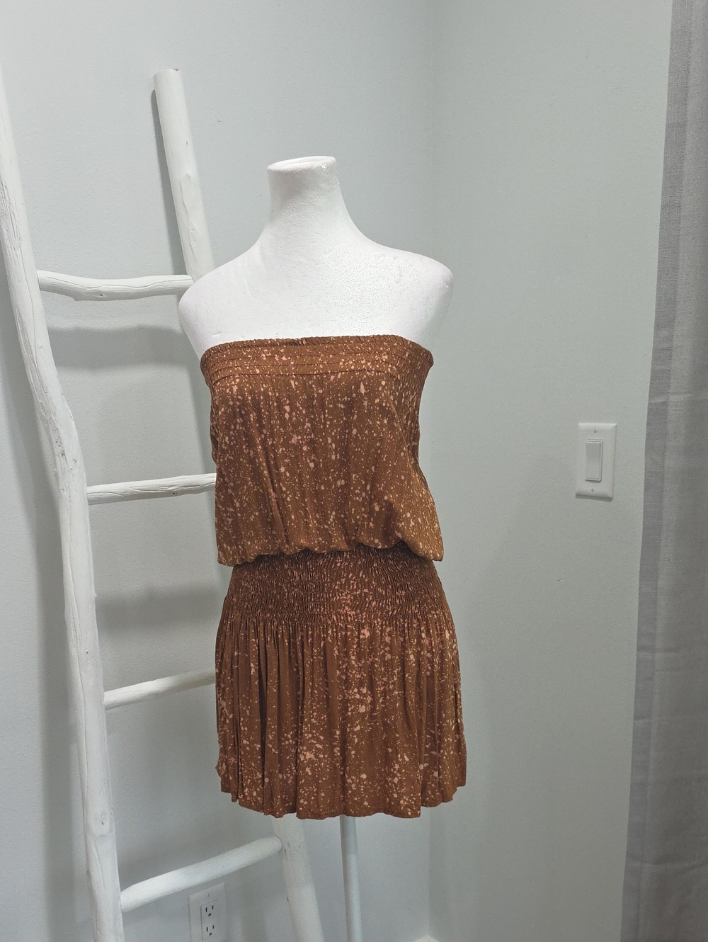 Strapless Brown Smocked Waist Mini Beach Cover Up Dress